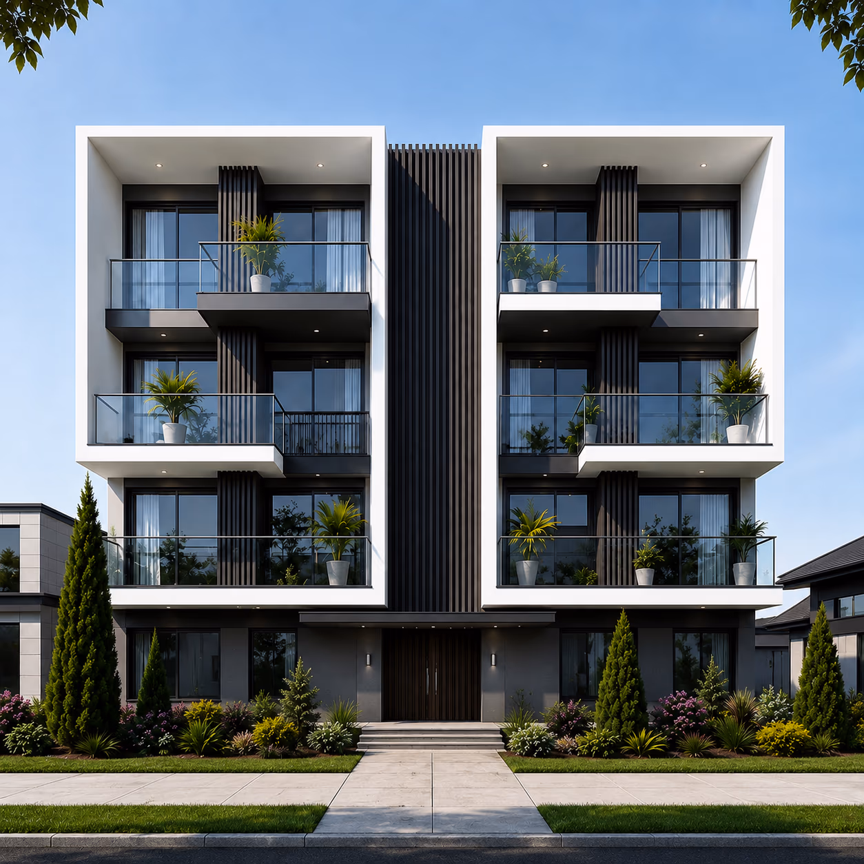 The apartment block in daylight, showing deep private balconies