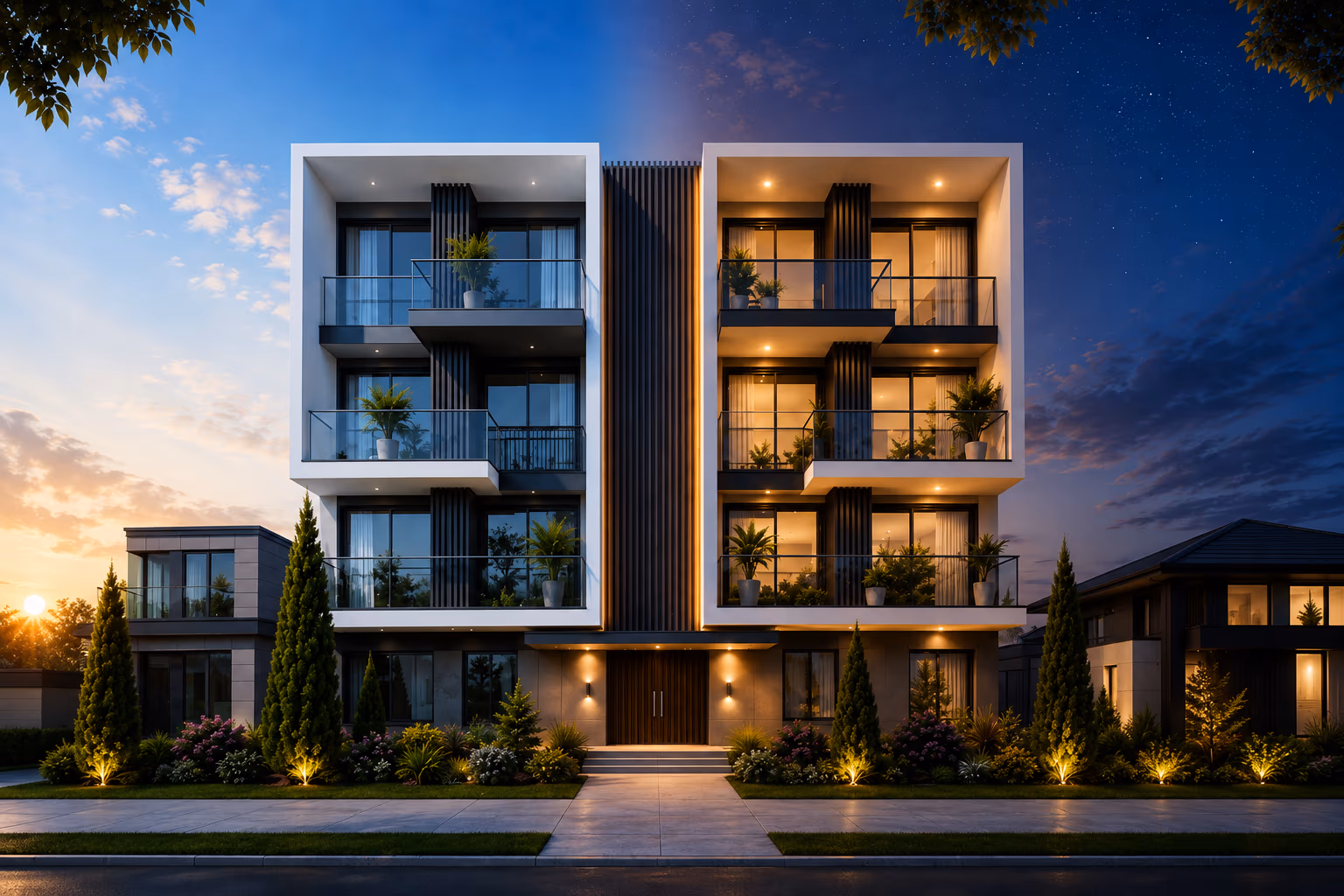 The two-bedroom apartment block at dusk with lit balconies