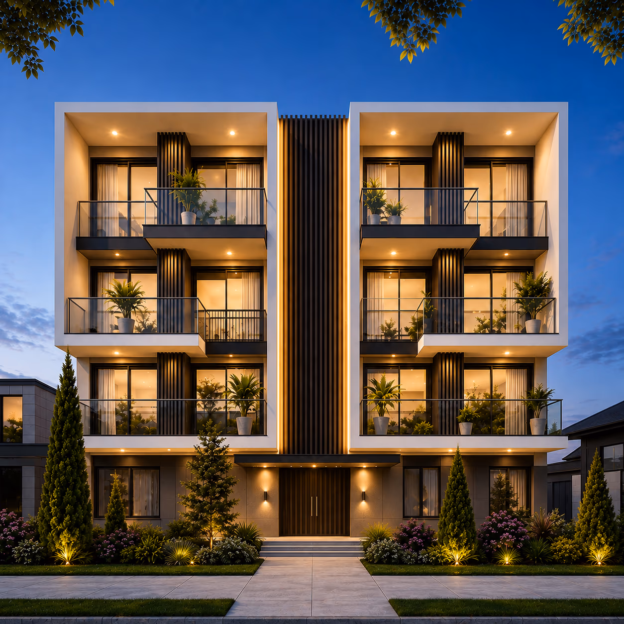 The Kadara Enclave apartment block lit at night
