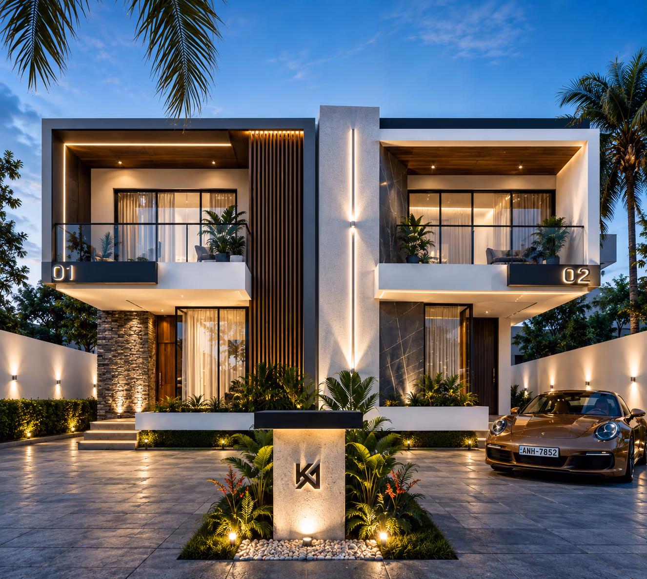 A Kadara Enclave semi-detached home lit at dusk