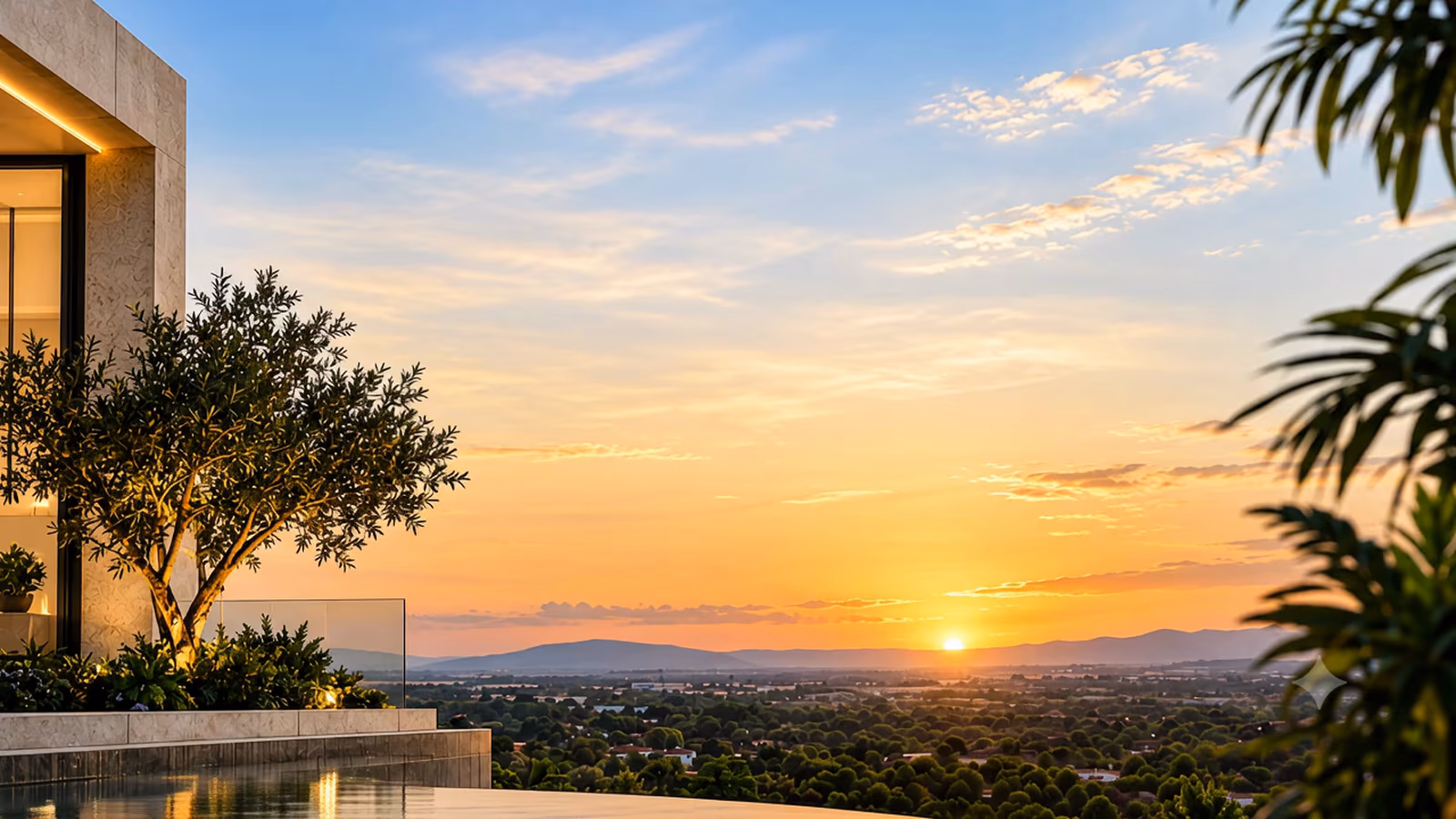 Sunrise over the plains from a Kadara Enclave terrace, with the infinity pool edge and the hills beyond