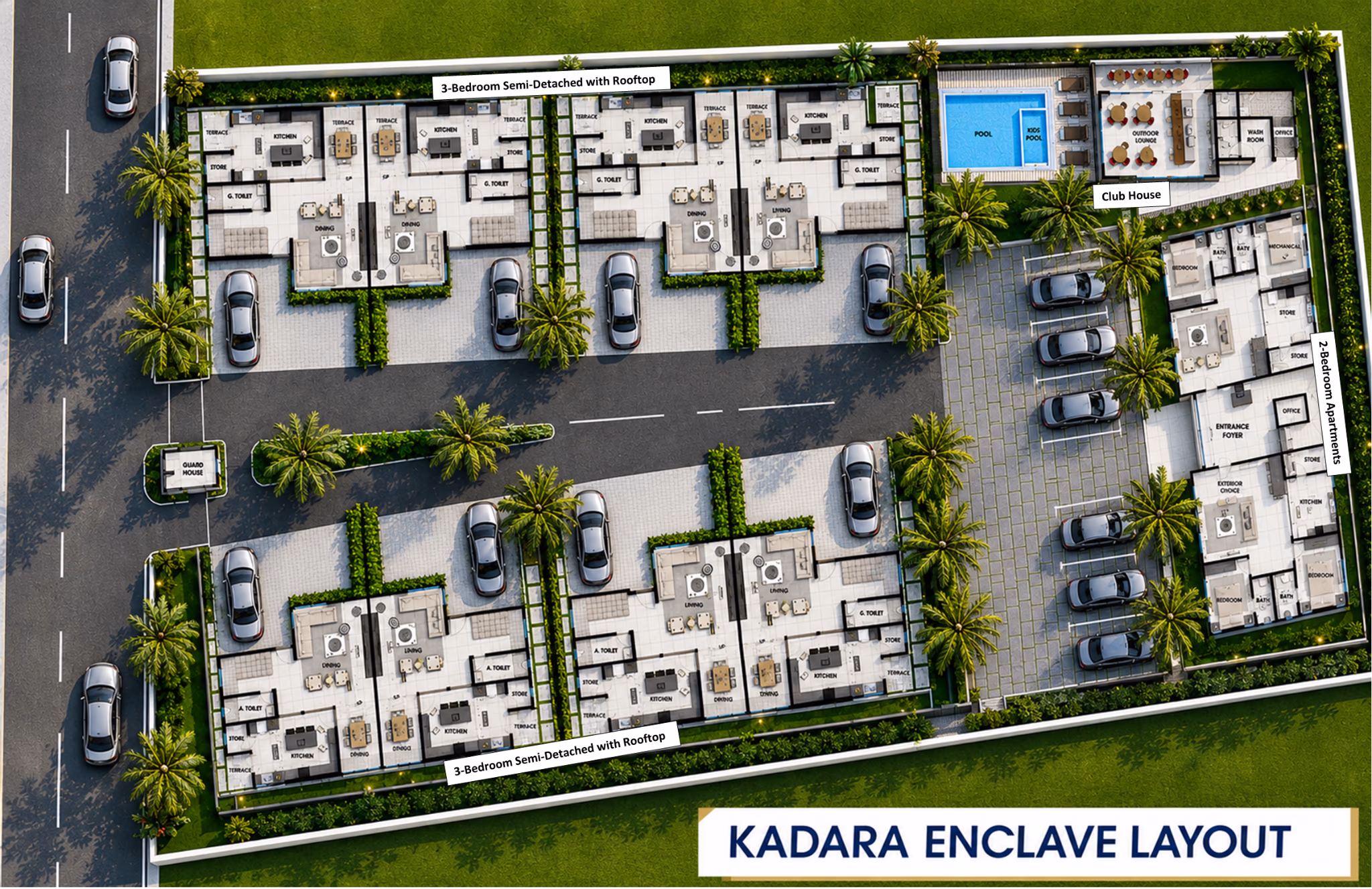 Aerial masterplan of Kadara Enclave showing paired semi-detached homes, the apartment block, club house with pool, and the guarded entrance